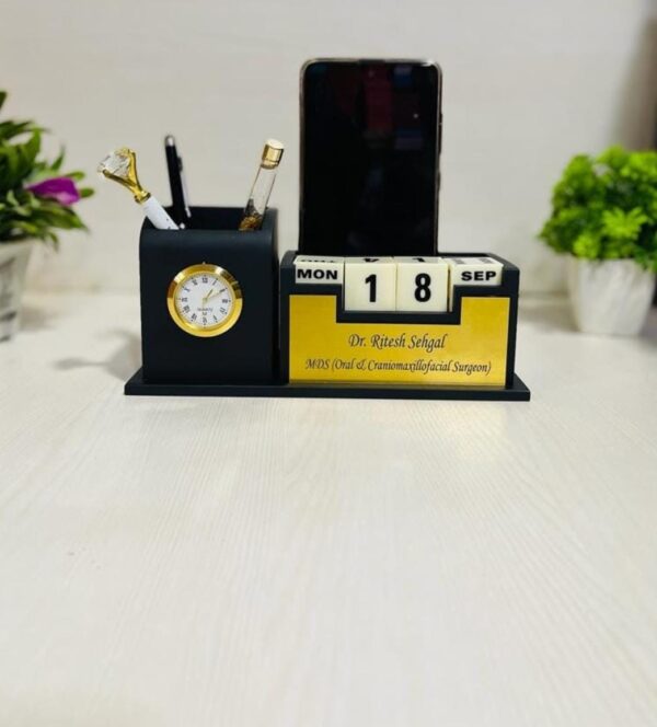 Wooden Custom Desk Organiser for Office Table | With Clock and Calender