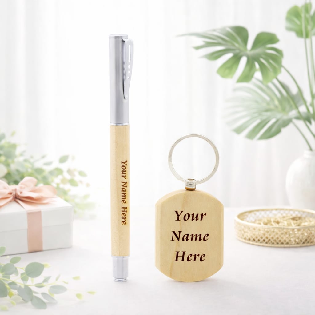 CrownLit Personalized Premium Wooden Pen with Jotter Refill & Keychain Customised Gift Set – Custom Engraved Wooden Pen Gift Set - Deera