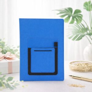 Crownlit A5 Customizable Blue Diary with Pouch – Hardbound Fabric Cover Planner (21×15 cm) - Deera