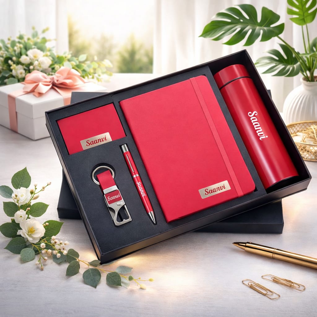 Personalized On-The-Go Office Essential Gift Set Custom Corporate Gift Set with Notebook, Bottle, Pen, Card Holder & Keychain - Deera - Image 4