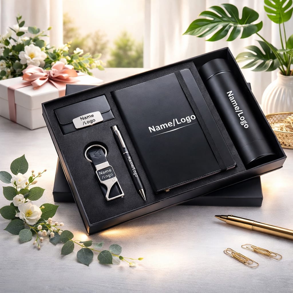 DEERA Personalized On-The-Go Office Essential Gift Set Custom Corporate Gift Set with Notebook, Bottle, Pen, Card Holder & Keychain