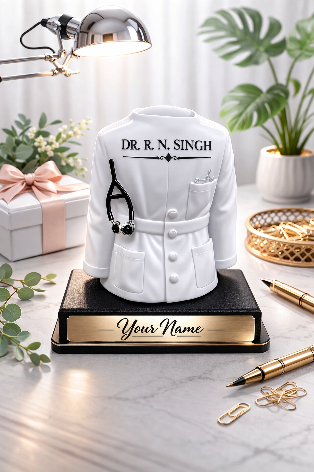 Doctor Lab Coat Pen Stand Personalized Medical Desk Gift for Doctors White ABS Plastic Deera