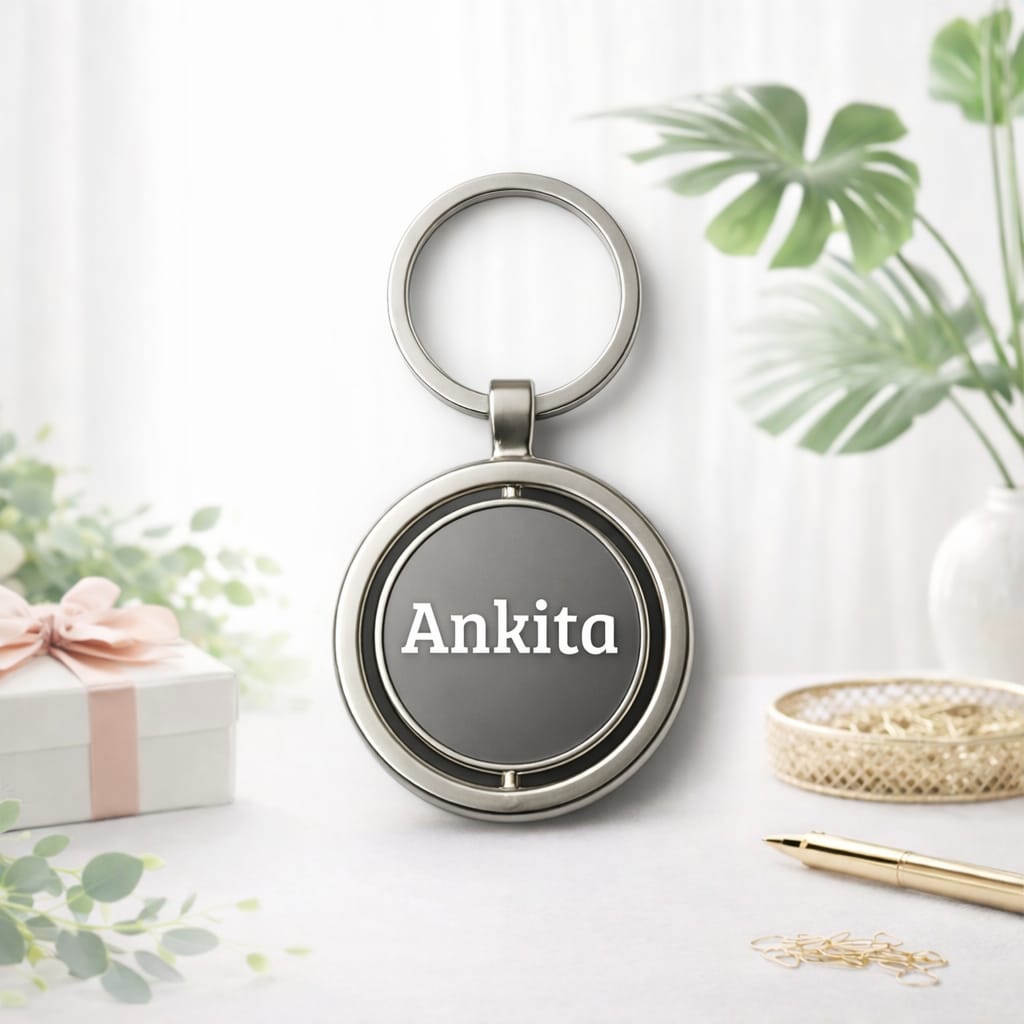 Metal Silver Round Rotating Keychain – 360° Swivel Custom Engraved Keyring - Deera3