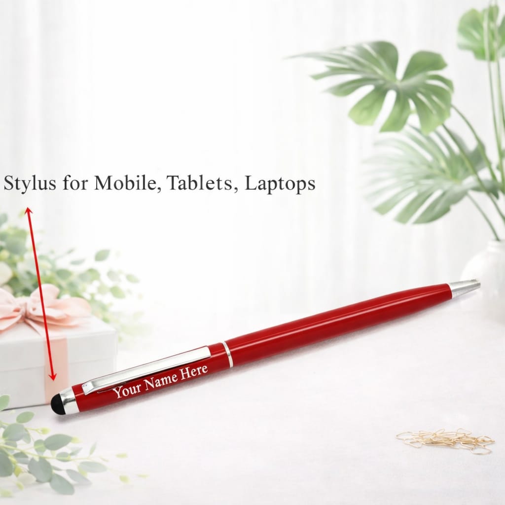 Personalised Red Metal Pen with Stylus – Wooden Gift Box - Deera - Image 2