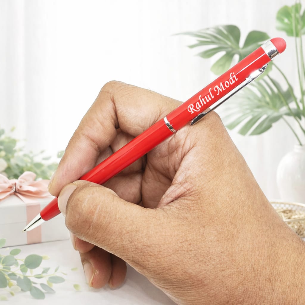 Personalised Red Metal Pen with Stylus Wooden Gift Box Deera