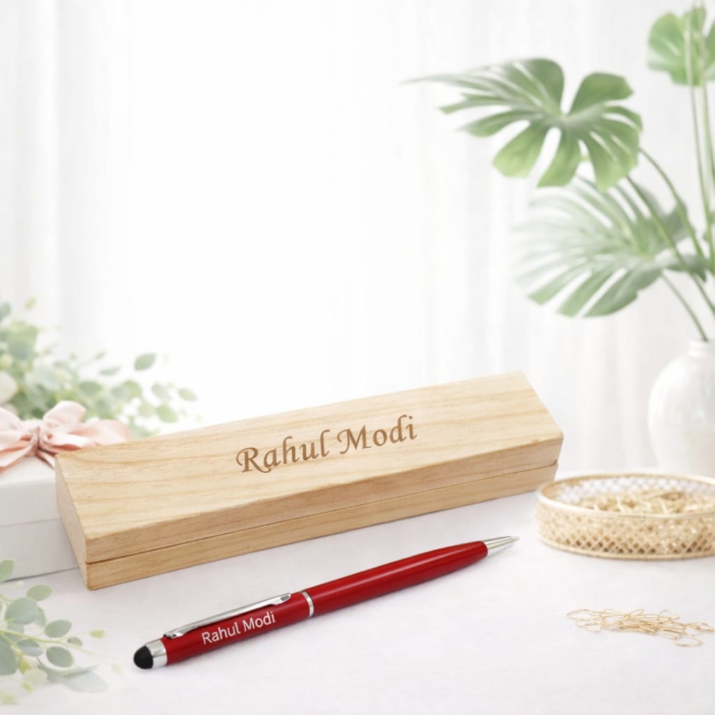 Personalised Red Metal Pen with Stylus – Wooden Gift Box - Deera - Image 3